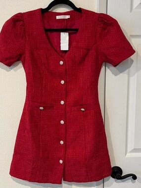 LUSH Red Short Sleeve Tweed Dress with Decorative Buttons